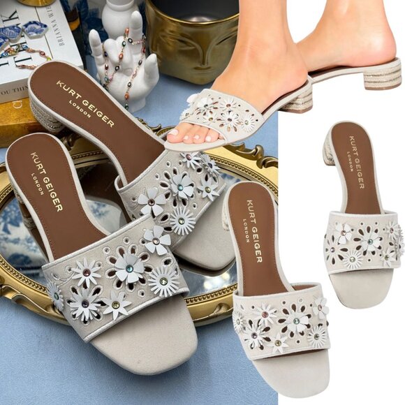 🆕 KURT GEIGER LONDON 🧿 NWOB Flower Power Low Sandal, Bone - Sz 40 US 9